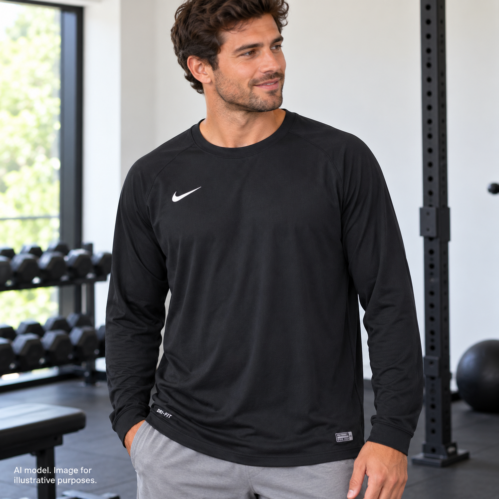 Nike DriFit Shirt Men Large Black Swoosh Long Sleeve Padded Elbow Authentic Team